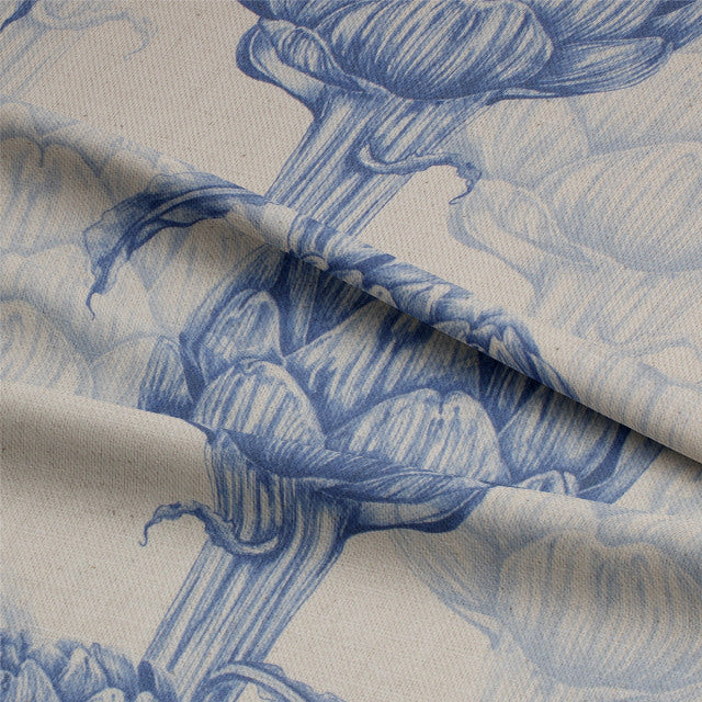  Close-up of the Royal Blue Protea Linen Curtain Fabric texture, showcasing the high-quality material