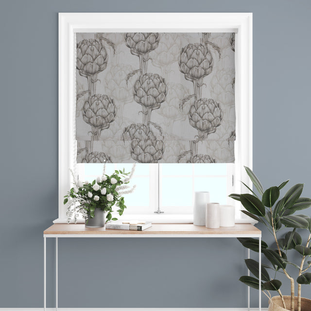 Close-up of sepia-colored linen fabric with protea flower pattern