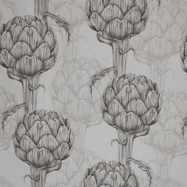 Protea Linen Curtain Fabric in sepia color draped on window
