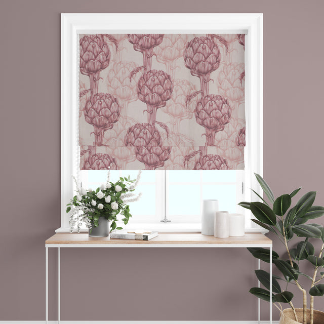 Detailed shot of wine-colored Protea Linen Curtain Fabric's texture and drape