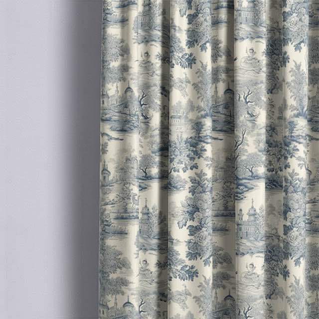 Blue Rennes Toile Linen Curtain Fabric draping elegantly in a room