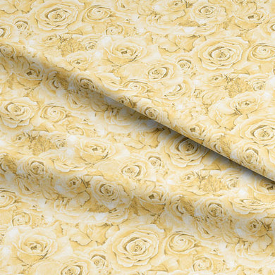 Beautiful lemon-colored curtain fabric with intricate rose bouquet design