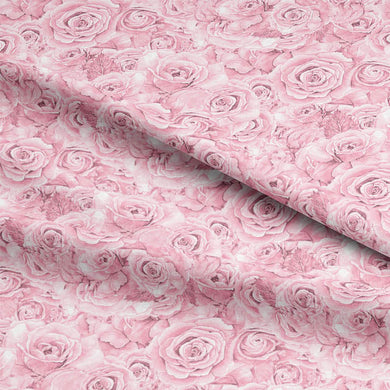 Close-up of Roses Bouquet Cotton Curtain Fabric in Pink, showing intricate floral pattern and soft texture