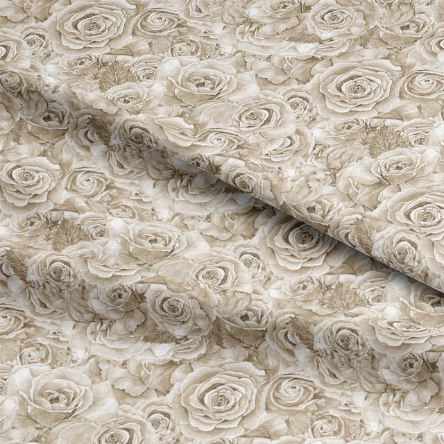 Close up of Roses Bouquet Cotton Curtain Fabric in Stone, showing intricate details