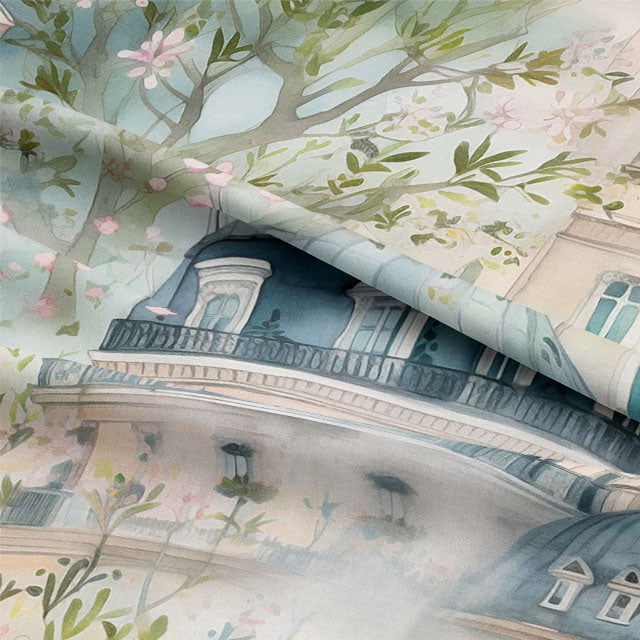 High-quality blue cotton curtain fabric with Rue Montorguell design