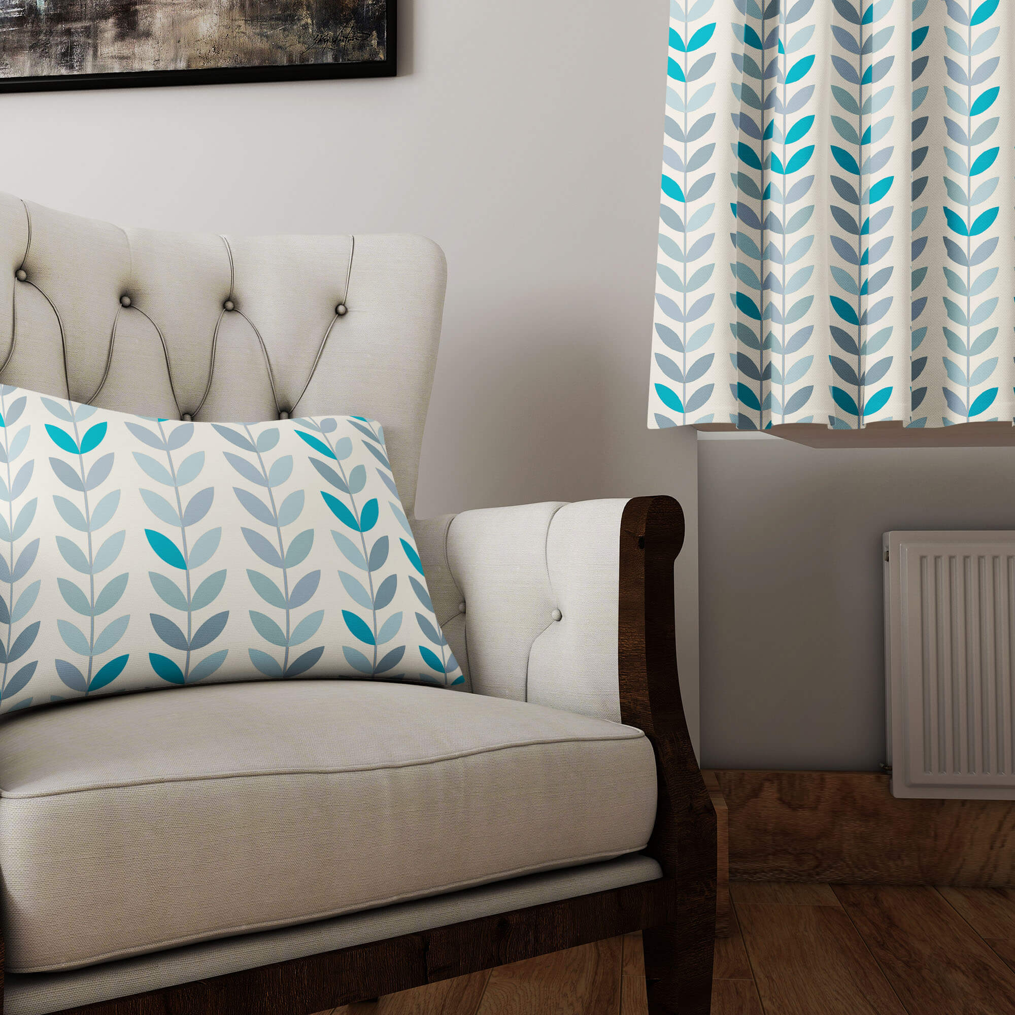 Scandi Stem Azure linen curtain fabric styled on a chair and window in a modern living room