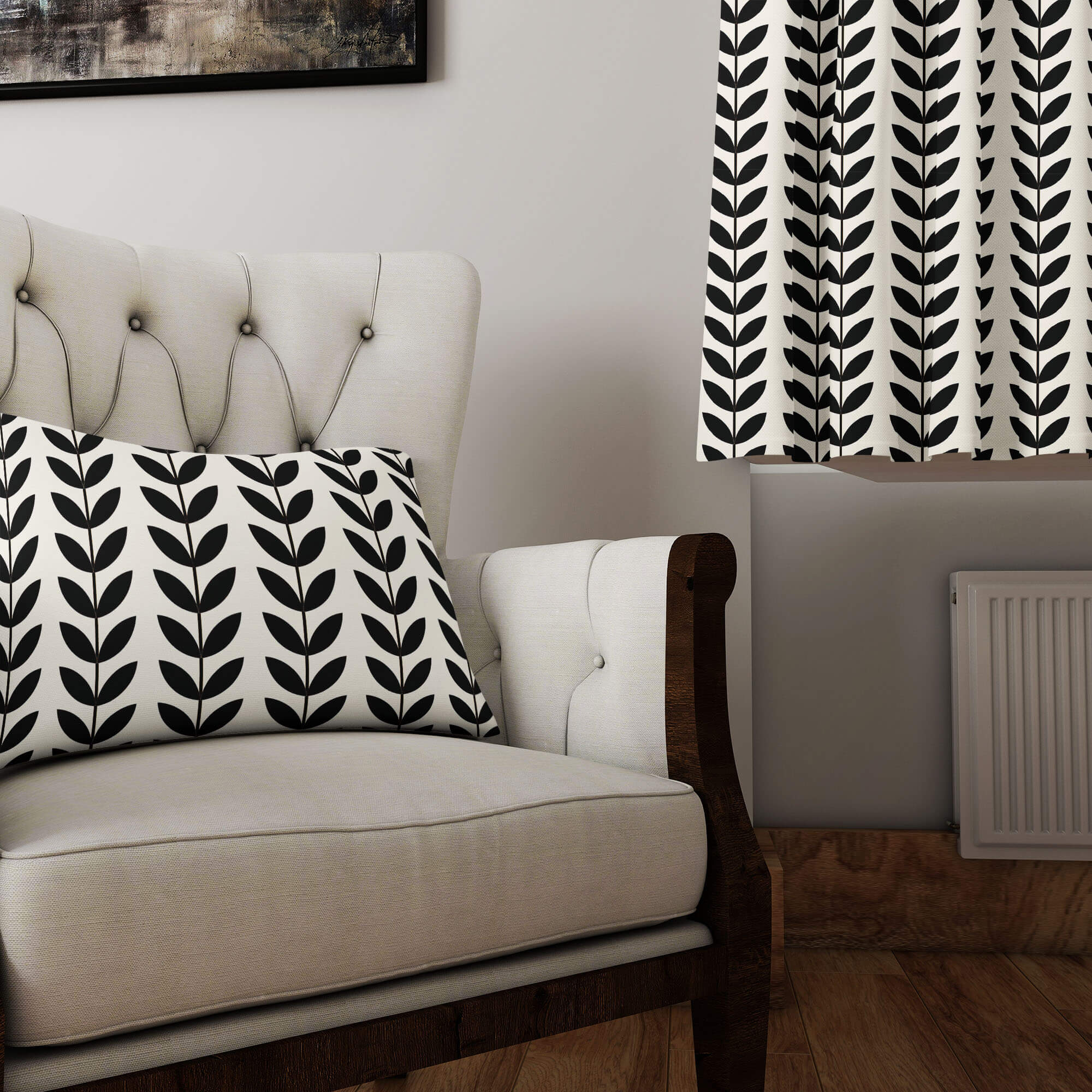 Black Scandi Stem linen curtain fabric styled as curtains and cushion in neutral armchair setting