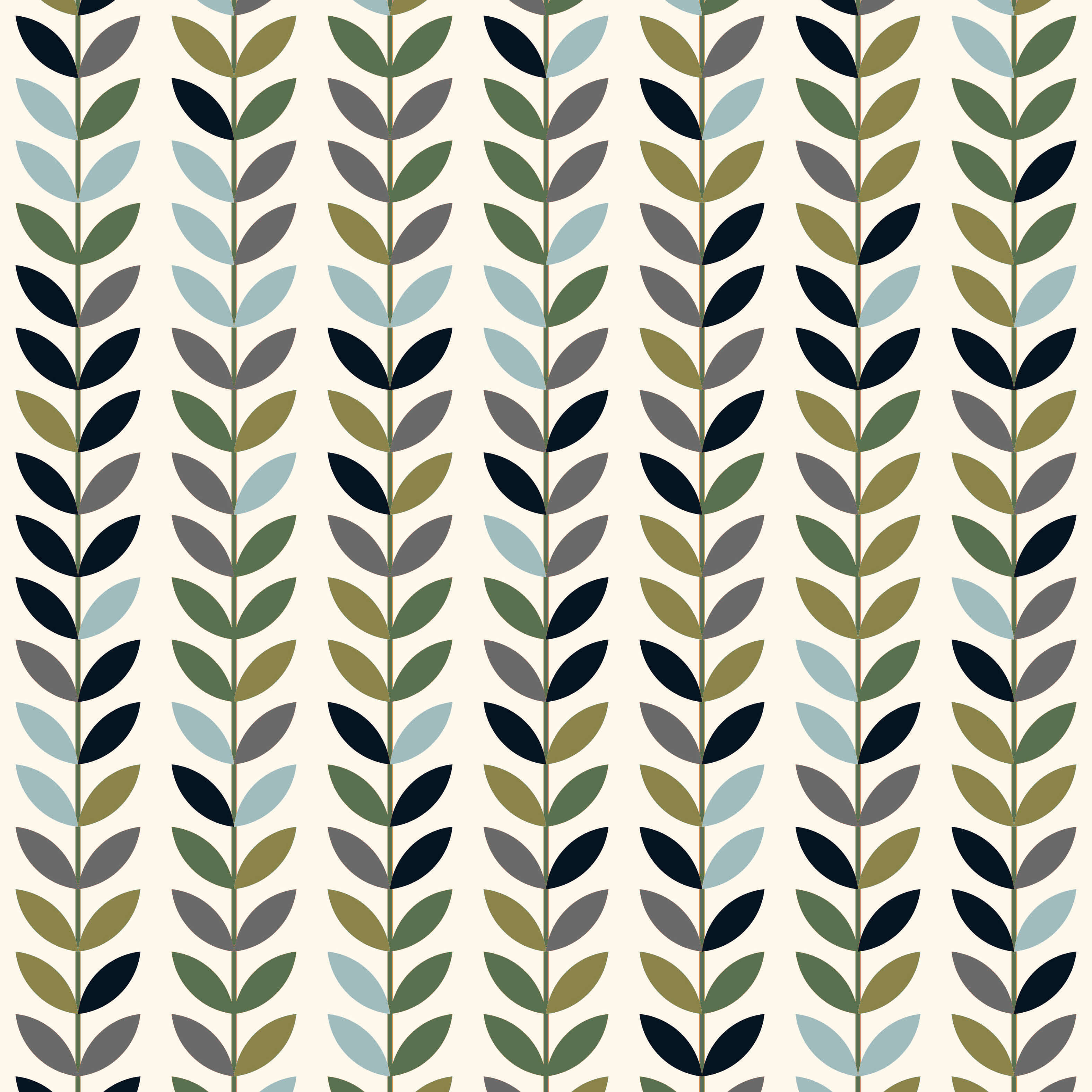 Flat lay of Scandi Stem Bracken Linen Fabric with olive, navy and soft green leaves