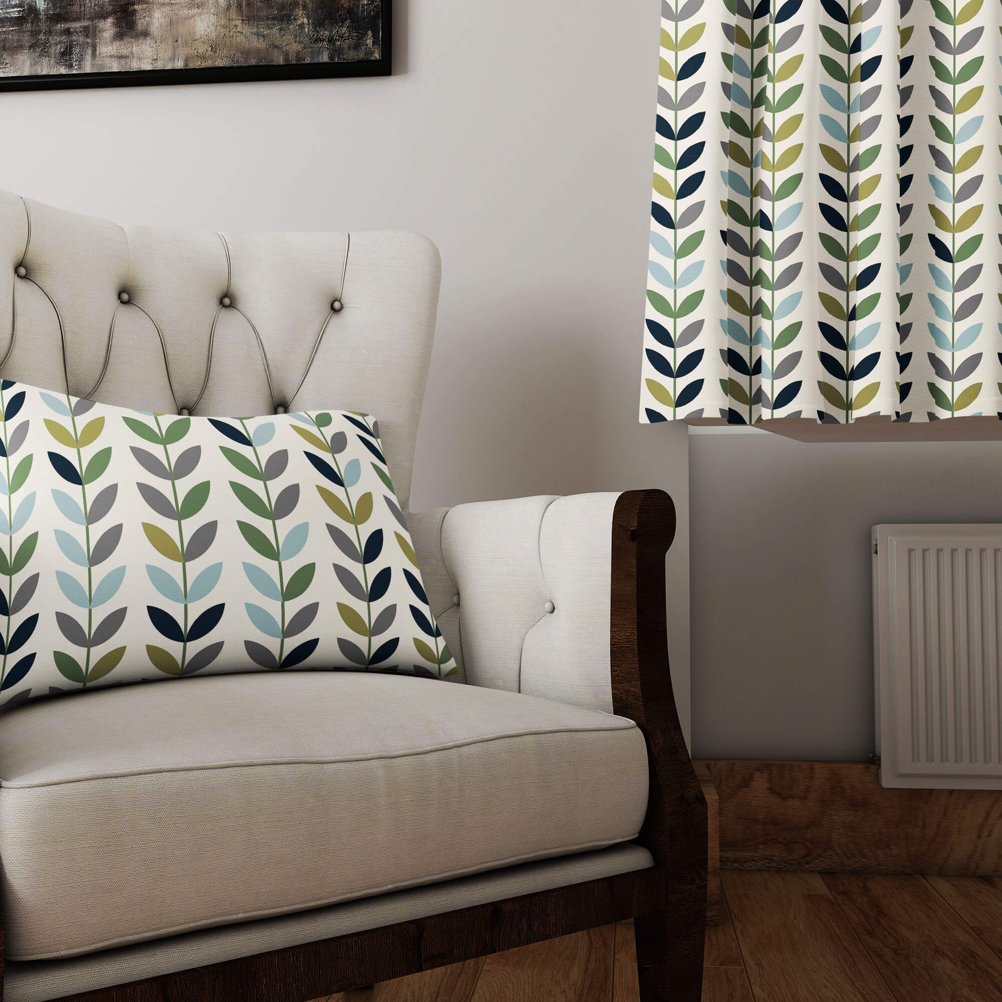 Room image of Scandi Stem Bracken Linen Fabric used for curtains and cushion