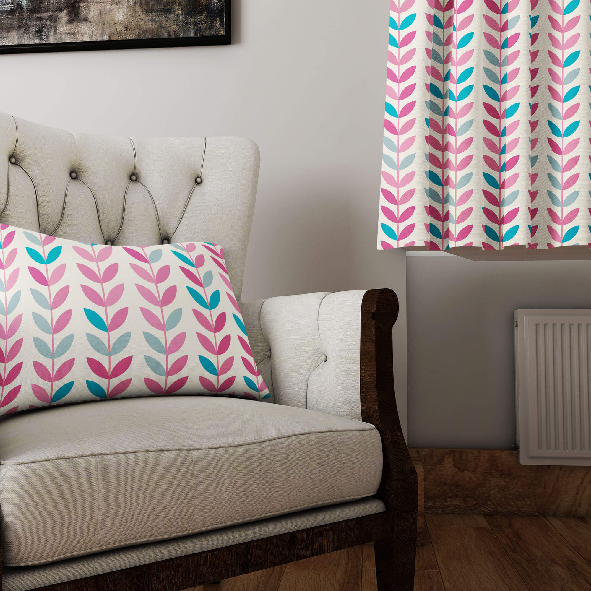 Scandi Stem Aqua Cerise linen fabric flat lay showing vibrant pink, aqua and grey leaf motif
