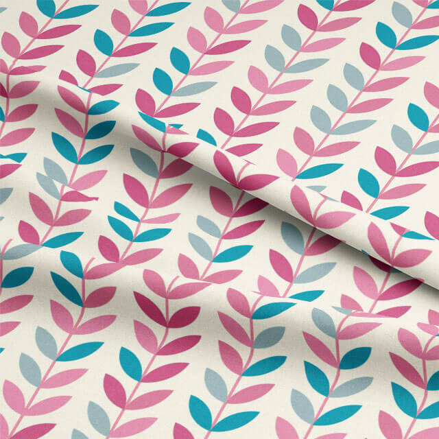 Scandi Stem Aqua Cerise fabric shown with soft folds to highlight texture and print scale