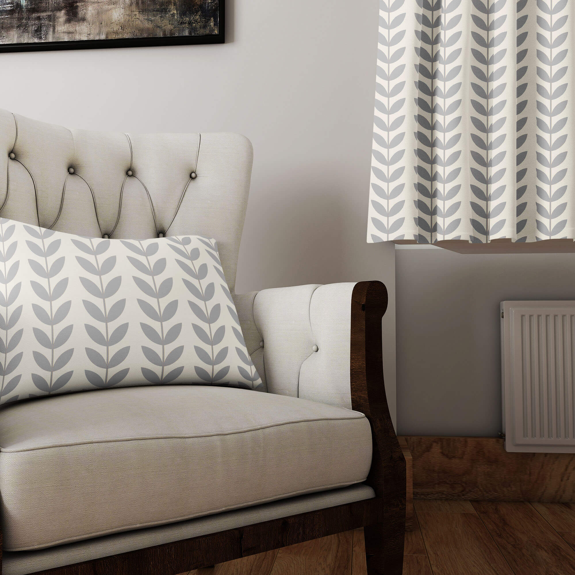 Grey Scandi stem linen fabric used as curtains and cushion in a modern room
