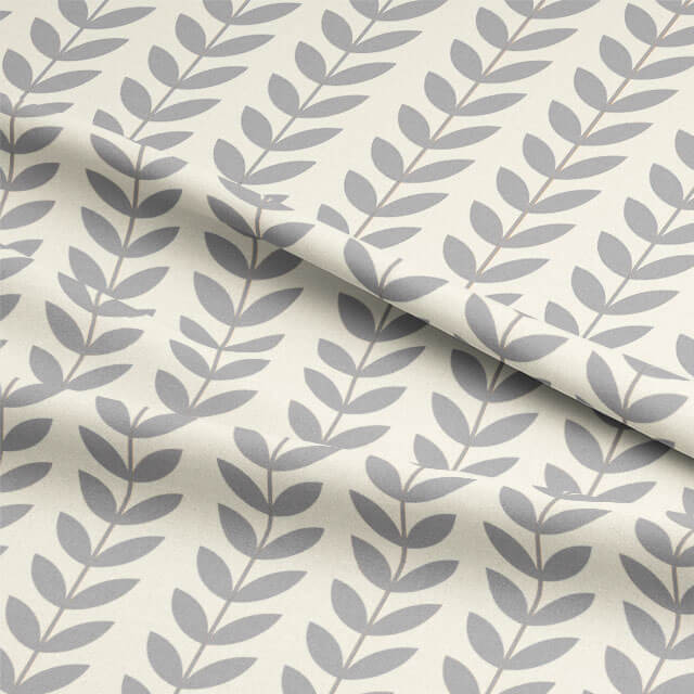 Folded view of grey Scandi stem pattern printed on linen blend basecloth