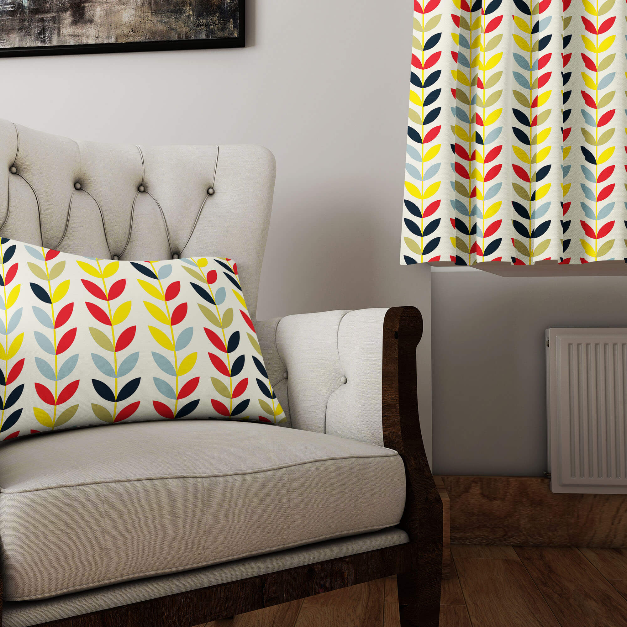 Multicoloured leaf print linen blend curtain fabric styled in living room