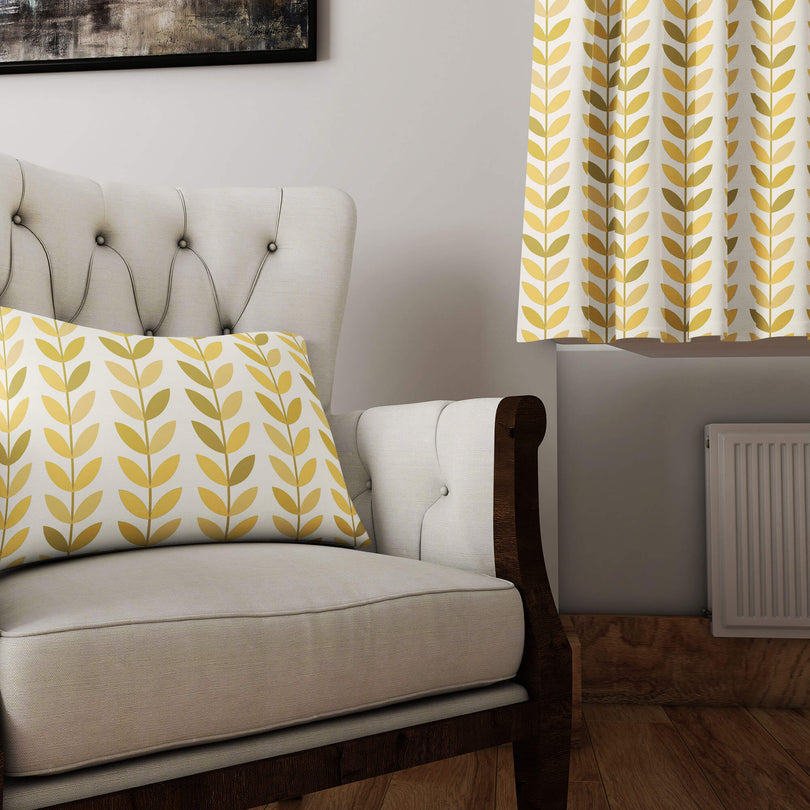 A beautiful drape made from Scandi Stem Cotton Curtain Fabric in Ochre, perfect for adding a touch of elegance to any room