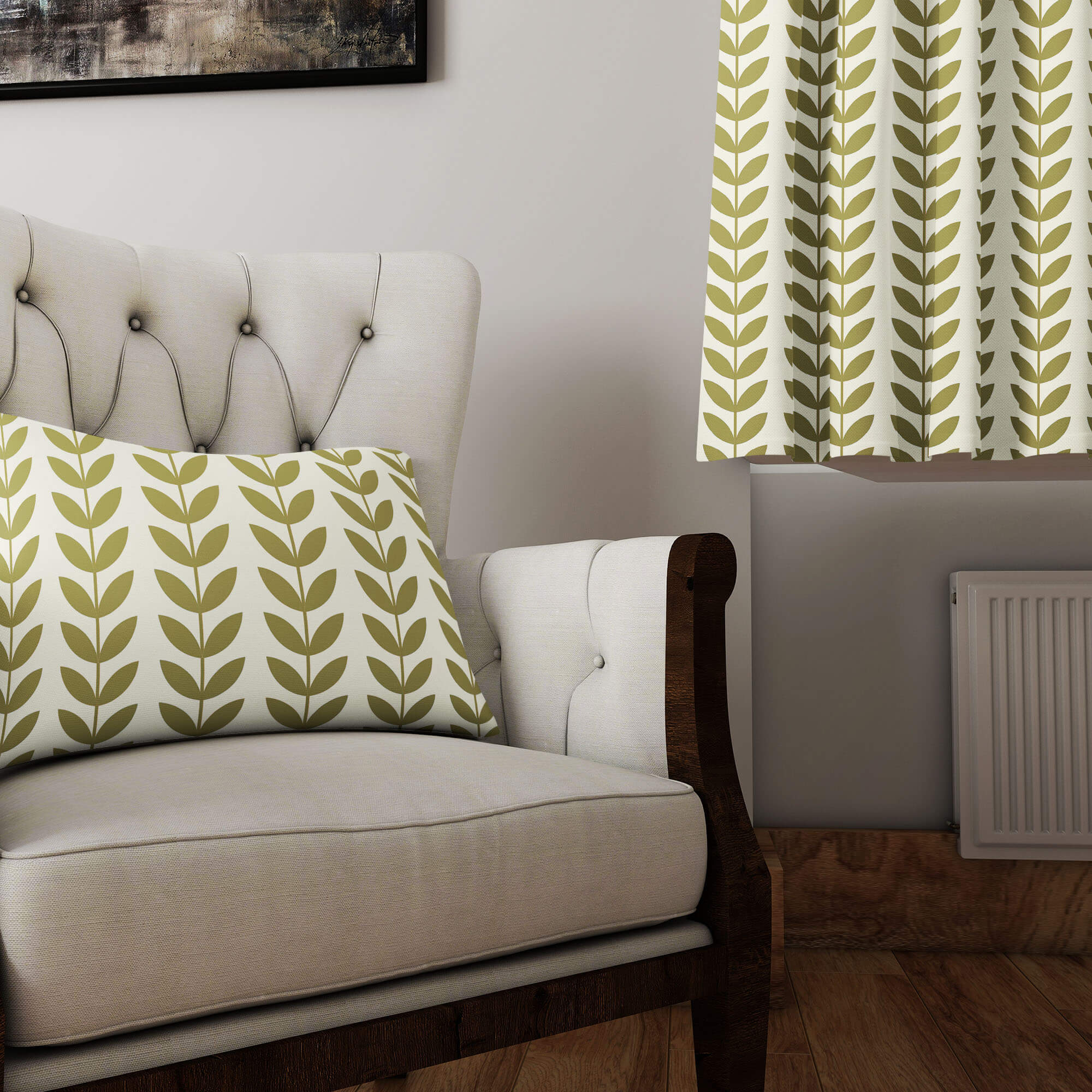 In-situ photo of olive leaf print linen fabric used for curtains and cushions in a neutral lounge setting