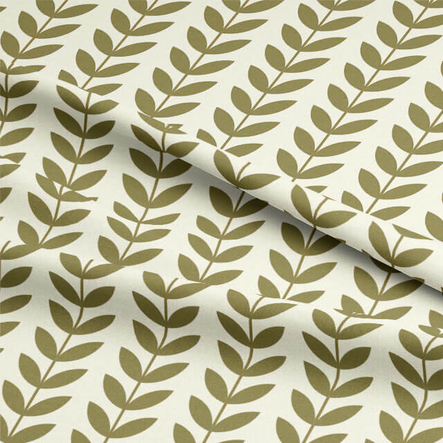 Folded olive green stem design on natural linen-look upholstery fabric