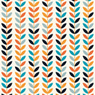 Flat lay of Scandi Stem Orange linen blend fabric with leaf design in orange, blue, and yellow tones