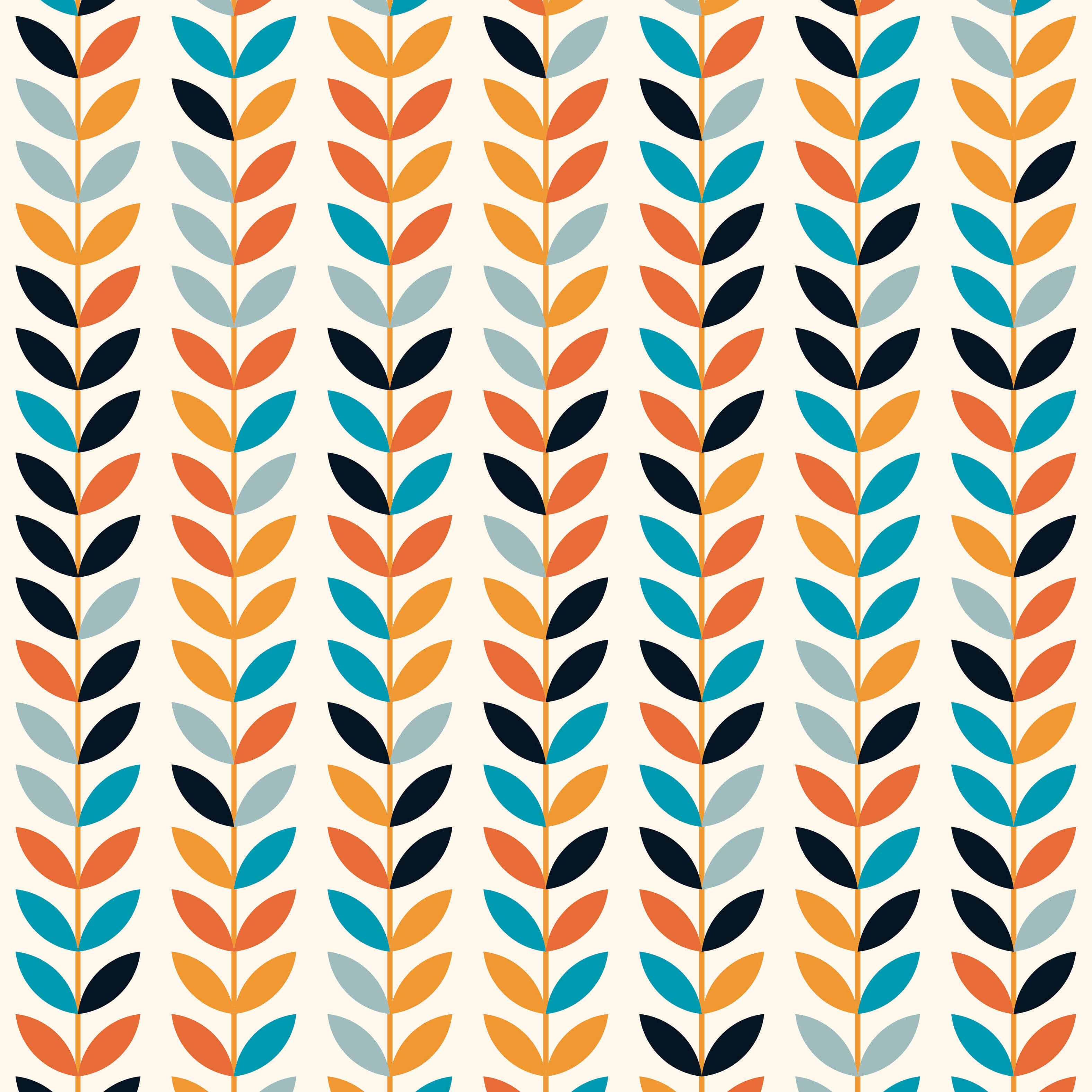 Flat lay of Scandi Stem Orange linen blend fabric with leaf design in orange, blue, and yellow tones