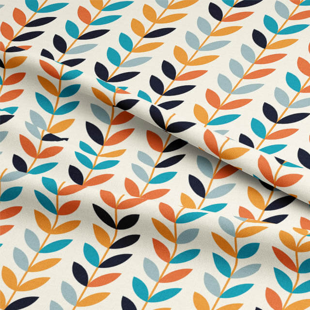Repeating leaf pattern on Scandi Stem Orange linen fabric showing mustard, orange, navy, and aqua foliage