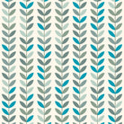 Close-up of Scandi Stem Turquoise Sage linen fabric featuring turquoise and sage green stylised leaves on an off-white background