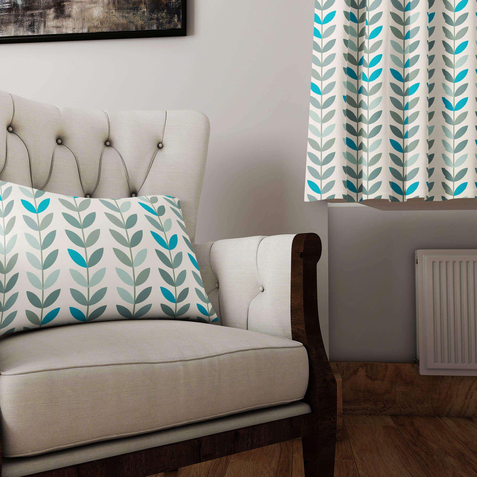 Turquoise and sage leaf curtain fabric used in a modern interior with matching cushion on a neutral armchair