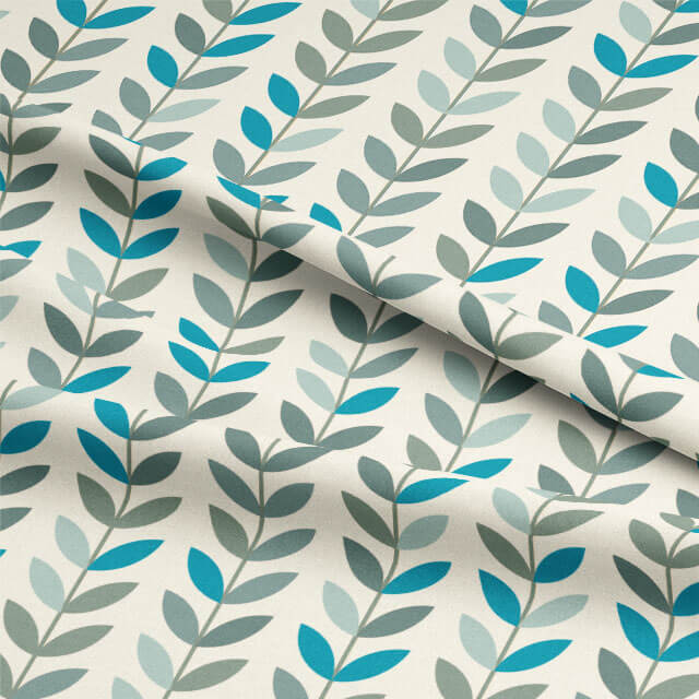 Scandi Stem Turquoise Sage fabric shown in soft folds, highlighting its movement and leaf design