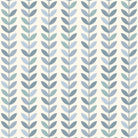 Flat lay of Scandi Stem Wedgewood fabric showing repeated blue and grey leaf pattern on light linen base.