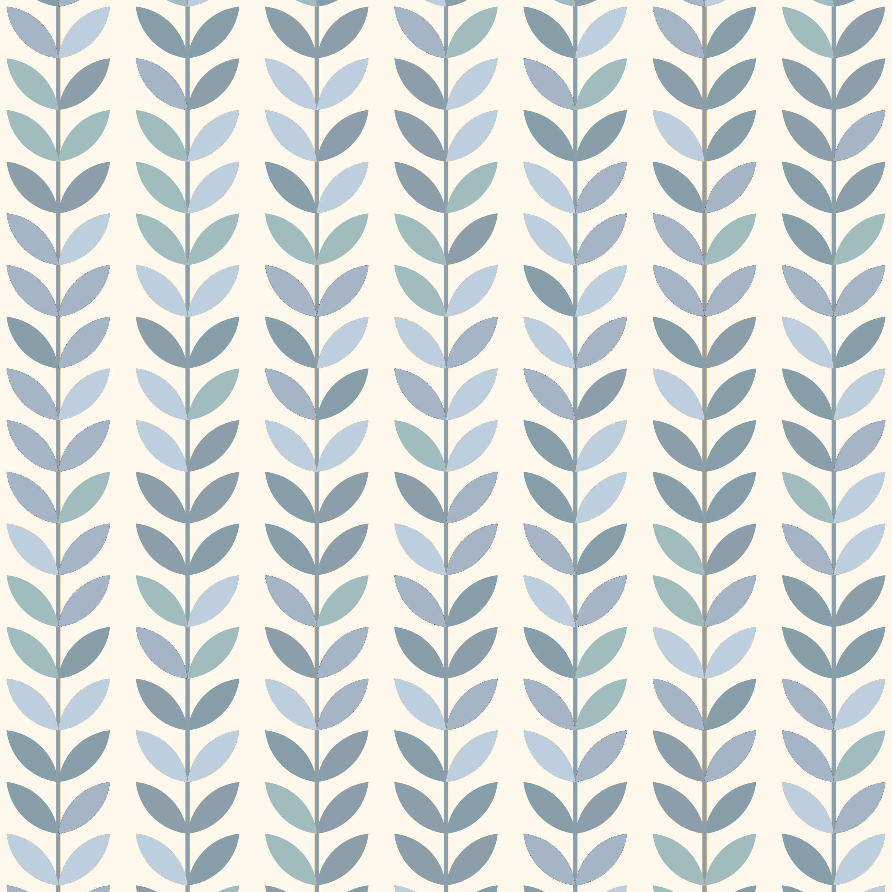 Flat lay of Scandi Stem Wedgewood fabric showing repeated blue and grey leaf pattern on light linen base.
