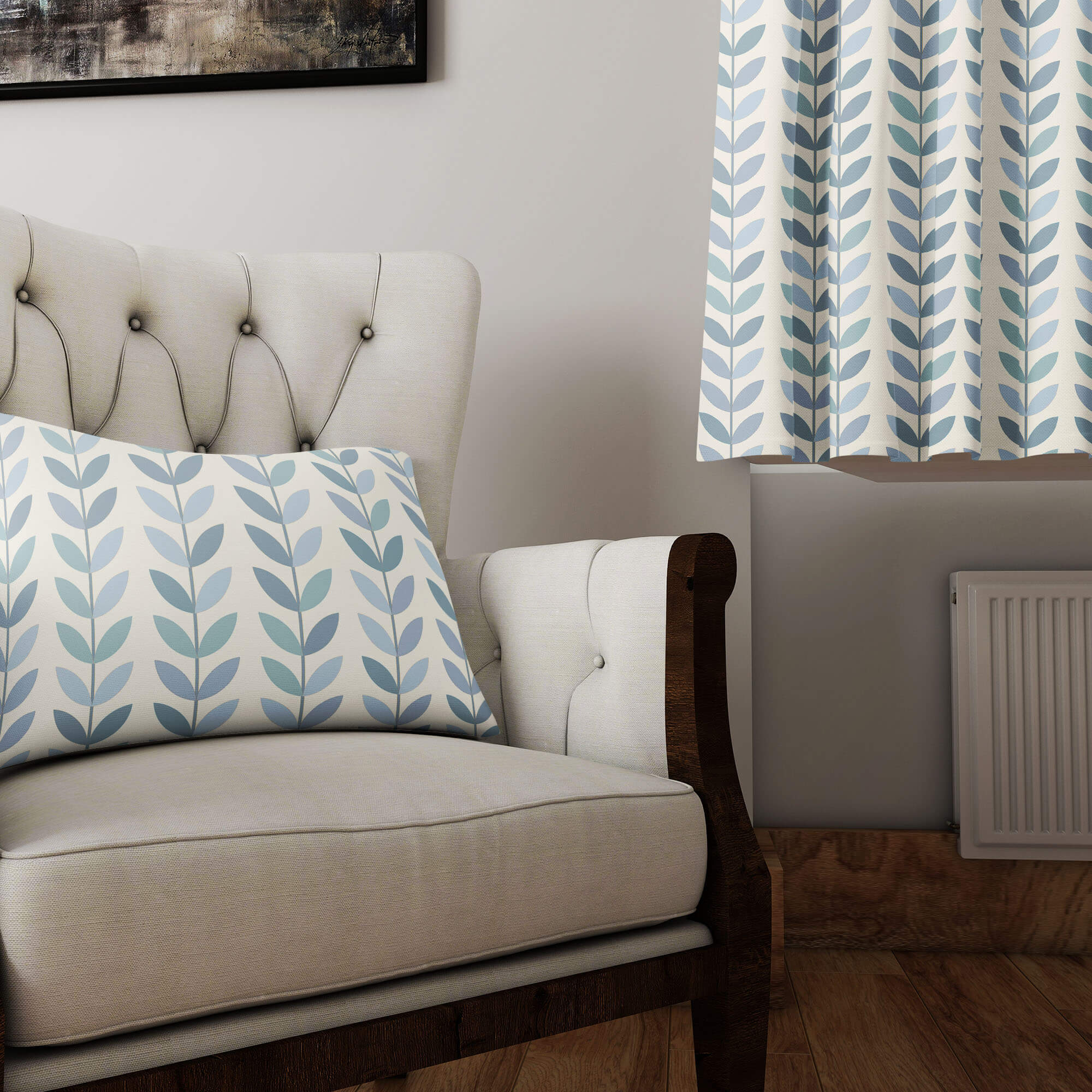 Cushion and curtain made from Scandi Stem Wedgewood blue linen fabric in a modern neutral room setting.