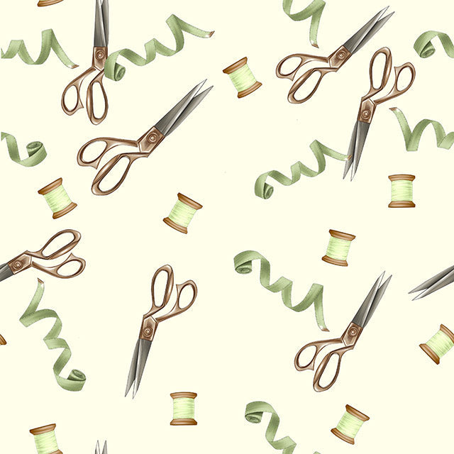 Scissors & Thread Cotton Curtain Fabric - Ivory for Home Decoration
