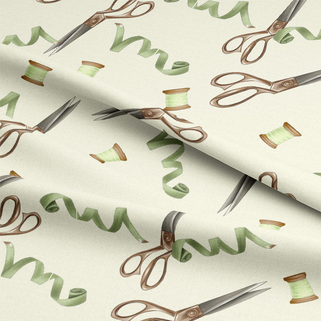 Ivory curtain fabric with Scissors & Thread Cotton for sewing projects