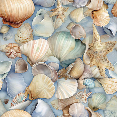 Seashells Cotton Curtain Fabric - Blue with Ocean-Inspired Seashell Pattern