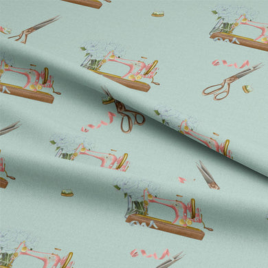 Close up of duck egg cotton curtain fabric suitable for sewing