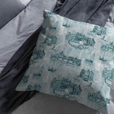  Teal Siene Toile Cotton Curtain Fabric draped on a window, creating a beautiful and elegant look