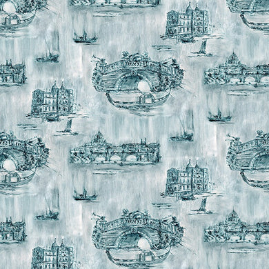 Siene Toile Cotton Curtain Fabric in Teal color, perfect for home decor and window treatments