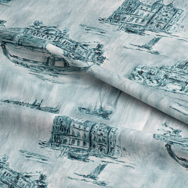  Close-up image of Siene Toile Cotton Curtain Fabric in Teal, showing the intricate pattern and texture