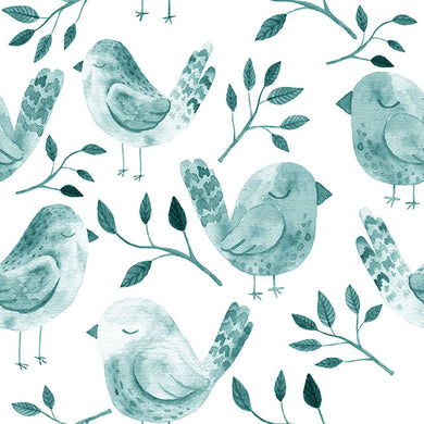 Close-up of aqua-colored cotton curtain fabric featuring sleeping birds and floral design