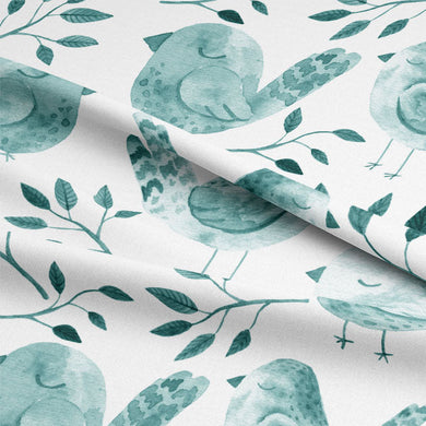  High-quality aqua curtain fabric with whimsical print of sleeping birds and flowers