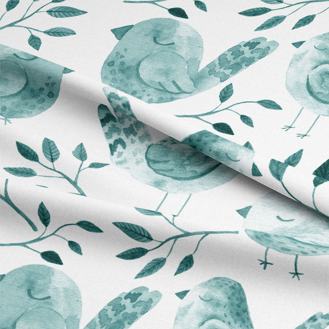 High-quality aqua curtain fabric with whimsical print of sleeping birds and flowers