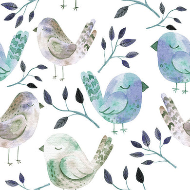 Sleeping Birds Cotton Curtain Fabric - Arctic, a serene and soothing fabric featuring delicate bird illustrations in a wintry color palette