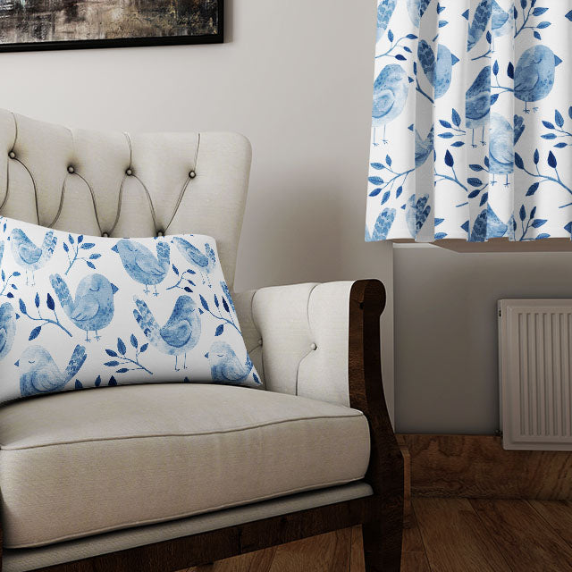 Blue Curtain Fabric with Sleeping Birds Design, Perfect for Bedroom Decor