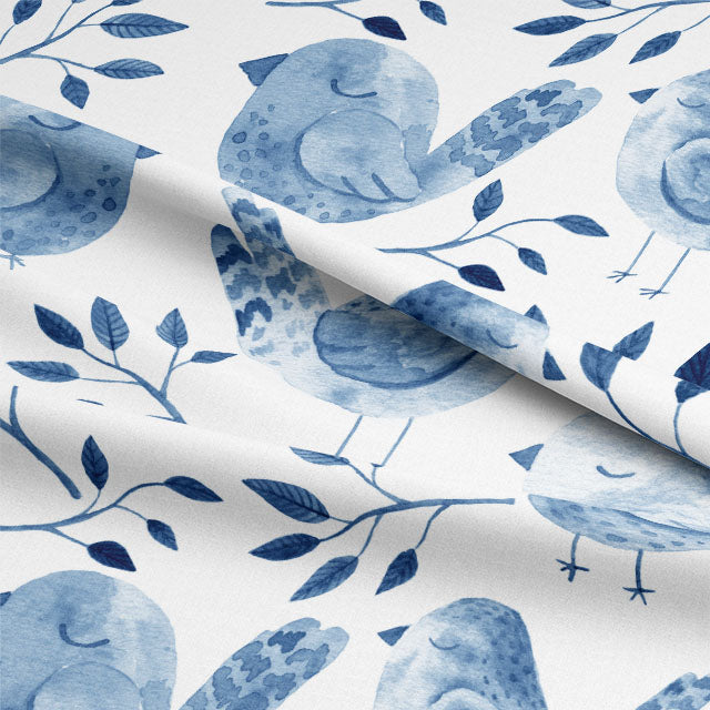 High Quality Blue Cotton Curtain Fabric Featuring Sleeping Birds Pattern