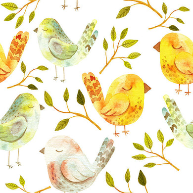 Beautiful gold cotton fabric featuring a print of sleeping birds
