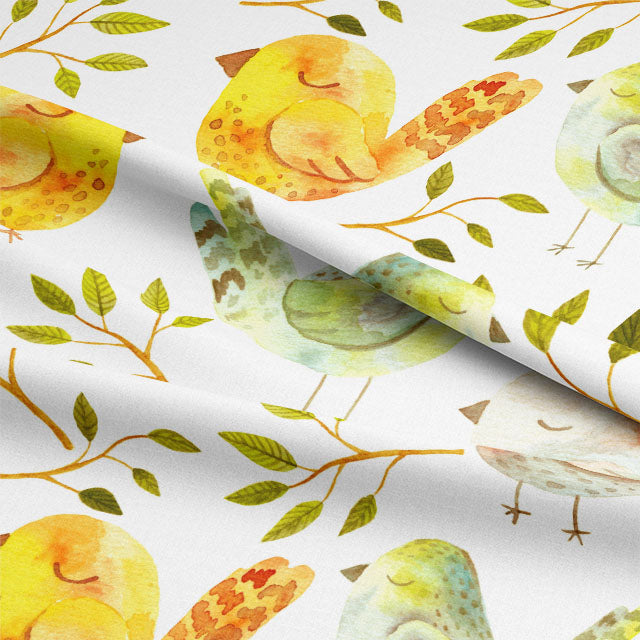  High-quality curtain fabric with a charming and unique design of birds in a golden hue