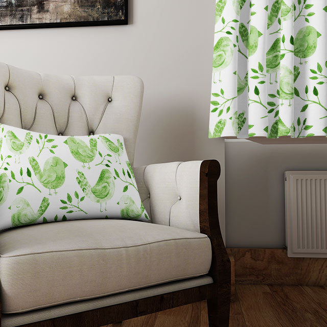 Soft and high-quality green cotton fabric featuring a lovely bird design