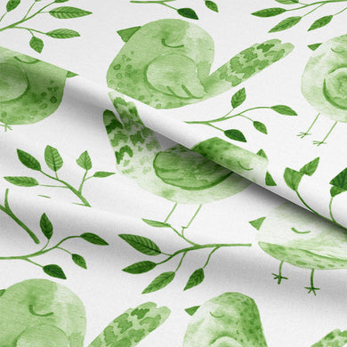 Beautiful green curtain fabric with a charming sleeping birds pattern