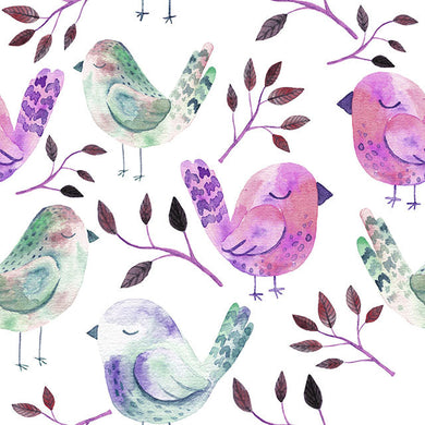 Sleeping birds cotton curtain fabric in mauve with delicate floral print