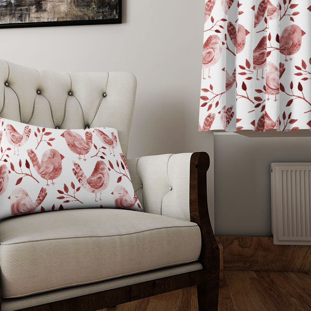 Plum-colored cotton curtain fabric adorned with adorable sleeping bird patterns