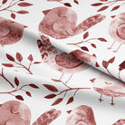 High-quality cotton curtain fabric with a beautiful plum color and bird designs